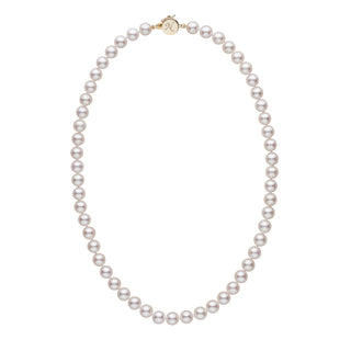 Personalized 18 Inch 7.5-8.0 mm AAA Akoya Pearl Circle Clasp Necklace with lustrous white pearls and a gold circle clasp engraved with the letter N.
