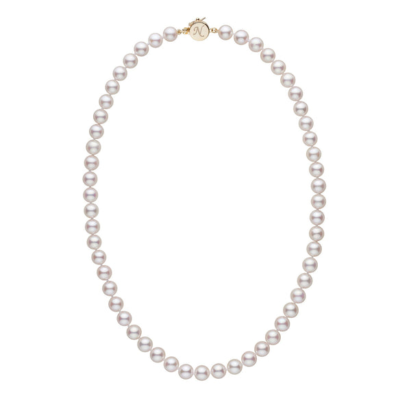 Personalized 18 Inch 7.5-8.0 mm AAA Akoya Pearl Circle Clasp Necklace with lustrous white pearls and a gold circle clasp engraved with the letter N.