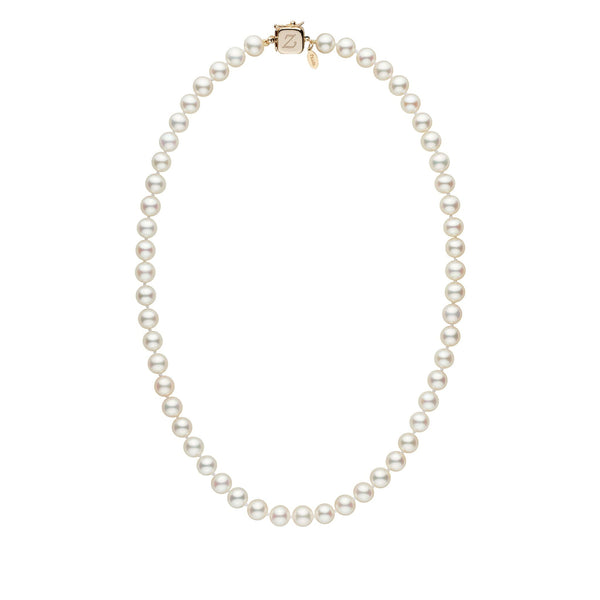 Personalized 7.5-8.0 mm White Freshadama Freshwater Pearl Square Clasp Necklace showcasing lustrous white freshwater pearls with a distinctive square clasp on a white background.