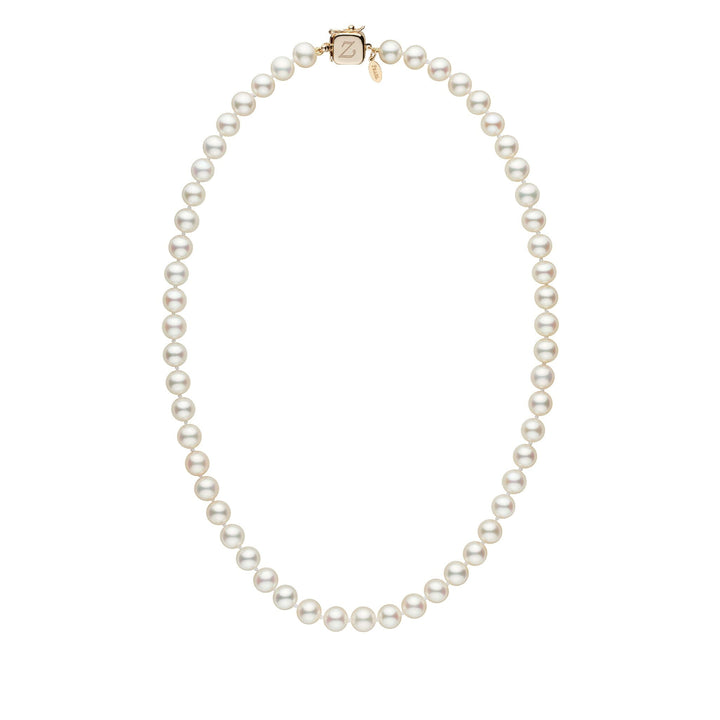 Personalized 7.5-8.0 mm White Freshadama Freshwater Pearl Square Clasp Necklace showcasing lustrous white freshwater pearls with a distinctive square clasp on a white background.