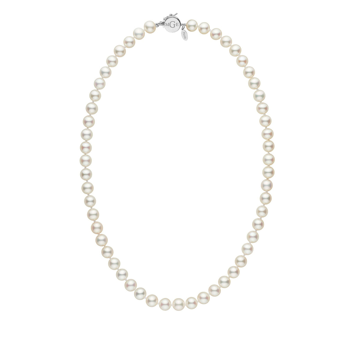 Personalized 7.5-8.0 mm White Freshadama Freshwater Pearl Circle Clasp Necklace featuring a strand of lustrous white freshwater pearls with a polished 14K white gold circle clasp.