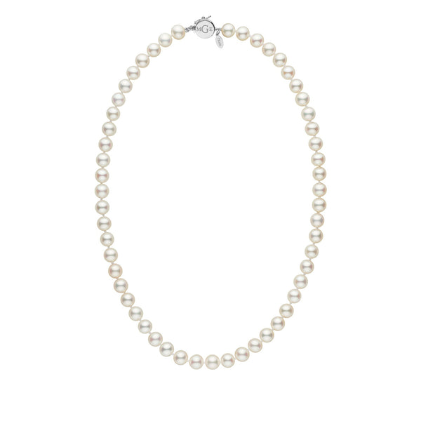 Personalized 7.5-8.0 mm White Freshadama Freshwater Pearl Circle Clasp Necklace featuring a strand of lustrous white freshwater pearls with a polished 14K white gold circle clasp.