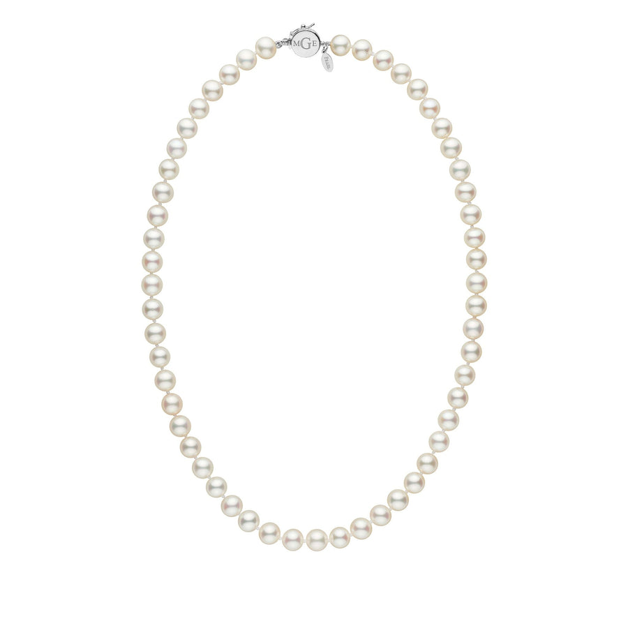 Personalized 7.5-8.0 mm White Freshadama Freshwater Pearl Circle Clasp Necklace featuring a strand of lustrous white freshwater pearls with a polished 14K white gold circle clasp.