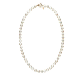 Personalized 7.5-8.0 mm White Freshadama Freshwater Pearl Circle Clasp Necklace with lustrous white pearls evenly strung and secured by a polished gold circle clasp.