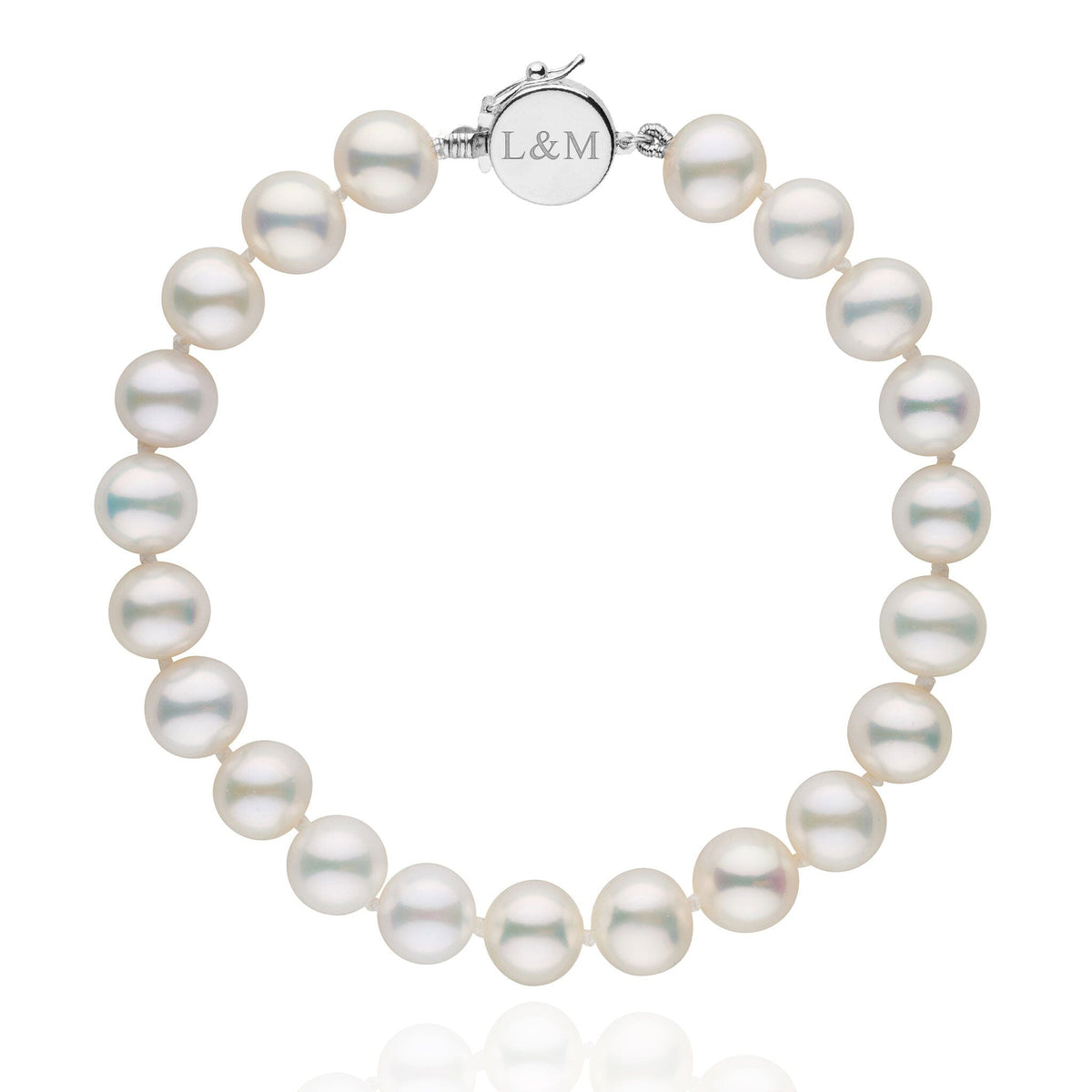 Personalized 7.5-8.0 mm AAA White Freshwater Pearl Circle Clasp Bracelet featuring lustrous white pearls and a round silver clasp engraved with initials L&M.