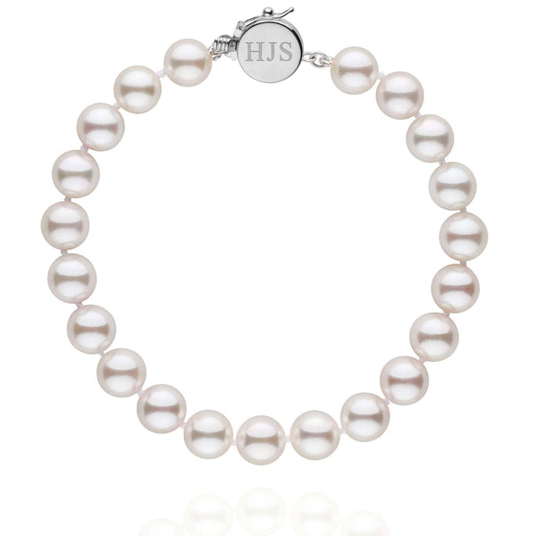Personalized 7.5-8.0 mm AAA Akoya Pearl Circle Clasp Bracelet featuring lustrous white akoya pearls and a polished circular clasp engraved with initials.