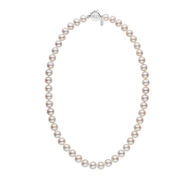 Personalized 8.5-9.0 mm White Freshadama Freshwater Pearl Circle Clasp Necklace featuring lustrous round white freshwater pearls with a polished circle clasp and delicate personalized engraving.