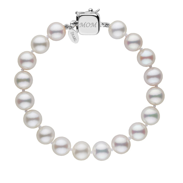 Personalized 8.5-9.0 mm White Freshadama Freshwater Pearl Square Clasp Bracelet featuring lustrous white freshwater pearls and a 14K white gold square clasp engraved with “MOM” for a custom touch.