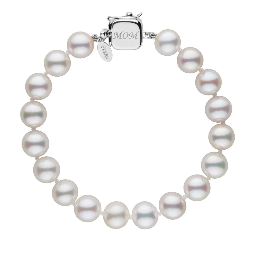Personalized 8.5-9.0 mm White Freshadama Freshwater Pearl Square Clasp Bracelet featuring lustrous white freshwater pearls and a 14K white gold square clasp engraved with “MOM” for a custom touch.