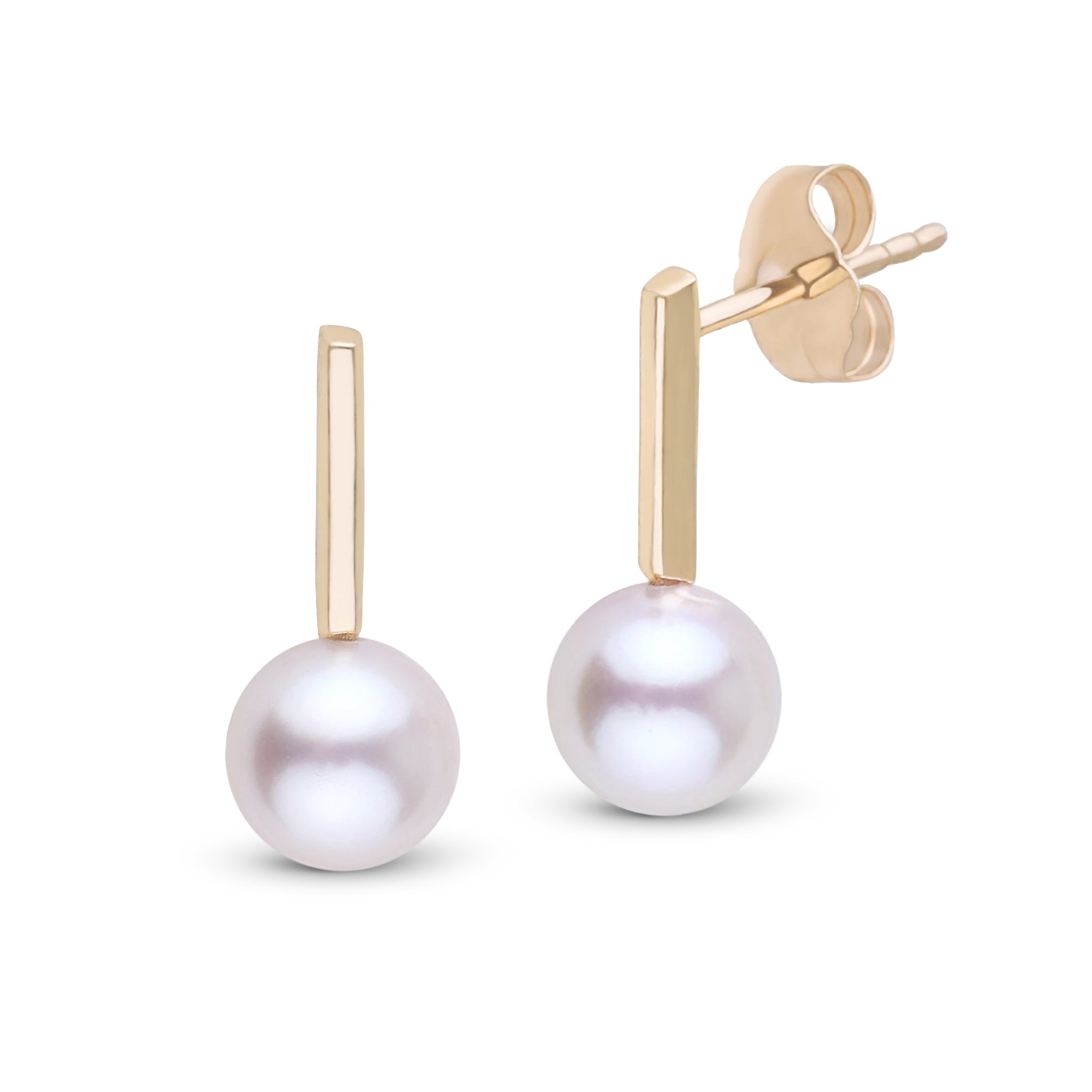 Petite Bar Collection 6.5-7.0 mm Akoya Pearl Earrings Yellow Gold