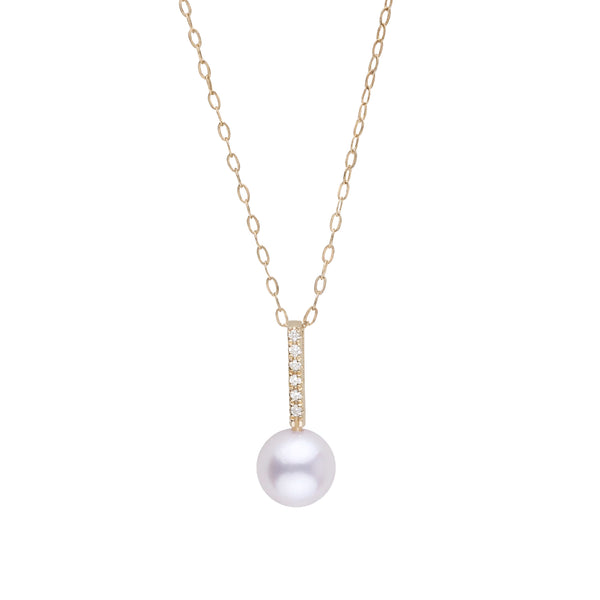 Petite Diamond Bar Collection 6.5-7.0 mm Akoya Pearl and Diamond Pendant Yellow Gold Front View