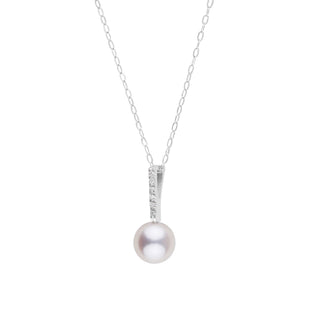 Petite Diamond Bar Collection 6.5-7.0 mm Freshadama Pearl and Diamond Pendant featuring a delicate white pearl and a vertical row of small sparkling diamonds on a fine 14K white gold chain.
