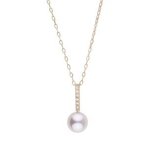 Petite Diamond Bar Collection 6.5-7.0 mm Freshadama Pearl and Diamond Pendant featuring a delicate gold chain with a small diamond-accented bar and a lustrous white pearl.