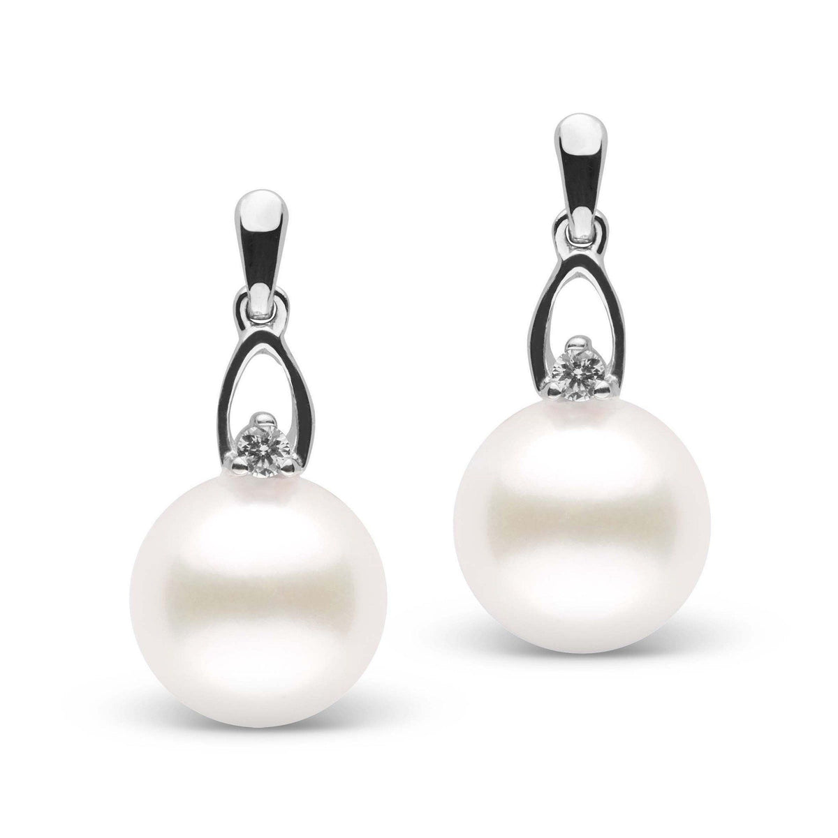 Juliet Collection 9.0-10.0 mm Freshadama Pearl and Diamond Earrings featuring white freshwater pearls with a single sparkling diamond set in polished 14K white gold mounts.