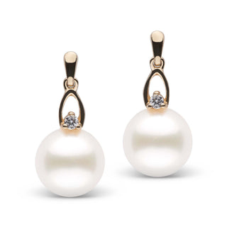 Juliet Collection 9.0-10.0 mm Freshadama Pearl and Diamond Earrings featuring round white pearls elegantly set with small sparkling diamonds and gold accents.