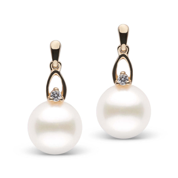 Juliet Collection 9.0-10.0 mm Freshadama Pearl and Diamond Earrings featuring round white pearls elegantly set with small sparkling diamonds and gold accents.