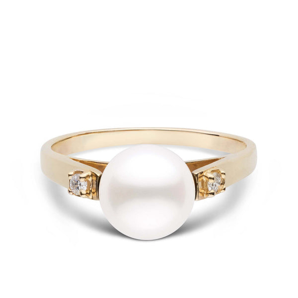 Promise Collection 8.5-9.0 mm Freshadama Pearl Ring featuring a white freshwater pearl set on a polished gold band with small diamond accents on each side.