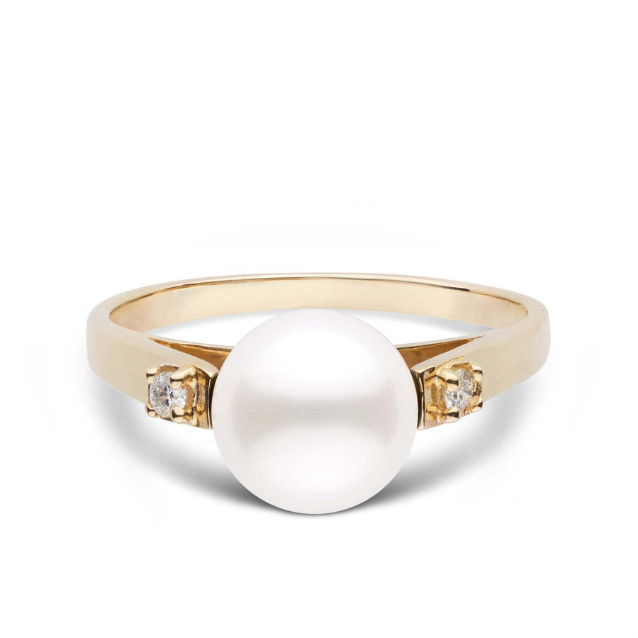 Promise Collection 8.5-9.0 mm Freshadama Pearl Ring featuring a white freshwater pearl set on a polished gold band with small diamond accents on each side.