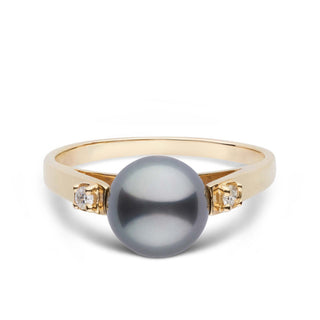 Promise Collection 8.0-9.0 mm Tahitian Pearl and Diamond Ring featuring a single dark Tahitian pearl set on a gold band accented with small sparkling diamonds.