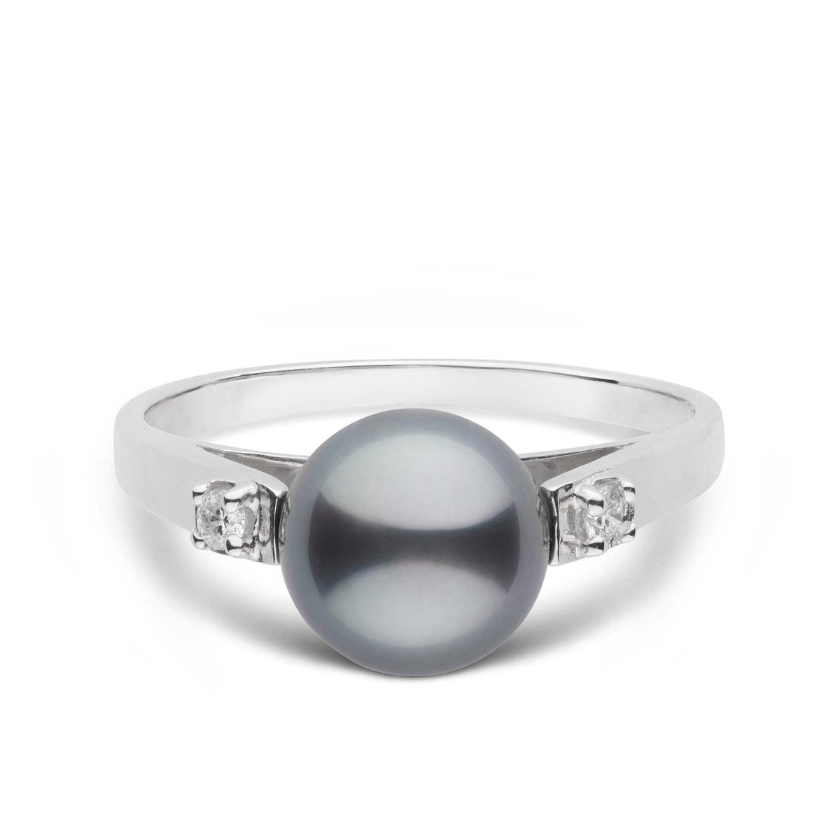 Promise Collection 8.0-9.0 mm Tahitian Pearl and Diamond Ring featuring a lustrous dark Tahitian pearl center with two small sparkling diamonds set on a sleek 14K white gold band.