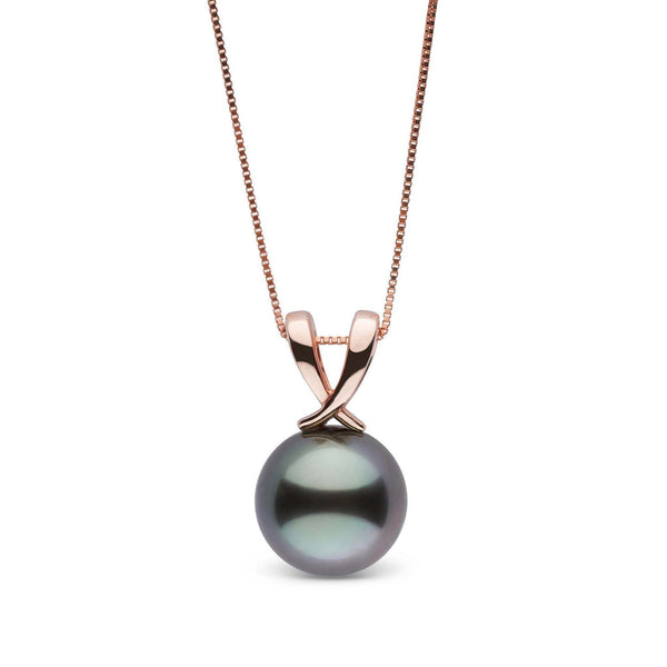 Elegant Ribbon Collection 10.0-11.0 mm Tahitian Pearl Pendant featuring a lustrous dark grey black pearl set in a delicate rose gold ribbon-style bail on a fine chain.