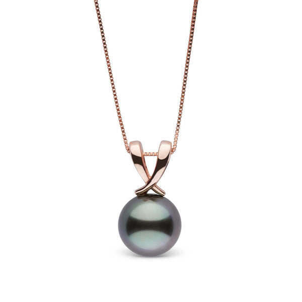 Elegant Ribbon Collection 9.0-10.0 mm Tahitian Pearl Pendant featuring a lustrous dark pearl set in a polished rose gold ribbon-inspired setting on a delicate chain.