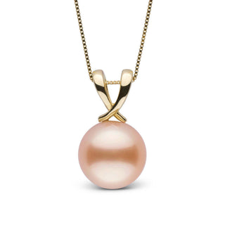 Elegant freshwater pearl pendant with a soft pink to peach hue, featuring a polished gold ribbon design, named Ribbon Collection Pink to Peach 10.0-11.0 mm Freshadama Freshwater Pearl Pendant.