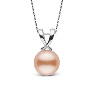 Ribbon Collection Pink to Peach 9.0-10.0 mm Freshadama Freshwater Pearl Pendant featuring a lustrous pink to peach freshwater pearl set in a sleek 14K white gold ribbon-inspired bail on a 14K white gold chain.