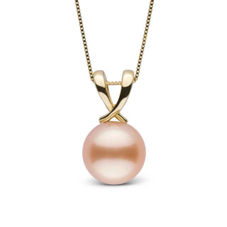 Ribbon Collection Pink to Peach 9.0-10.0 mm Freshadama Freshwater Pearl Pendant featuring a lustrous pink to peach freshwater pearl set in a polished gold ribbon-style bail on a delicate chain