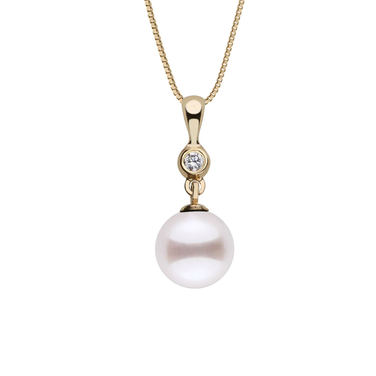 Romantic Collection White 8.5-9.0 mm AAA Akoya Pearl and Diamond Pendant featuring a lustrous white pearl with a sparkling diamond set in a gold bail on a delicate chain.