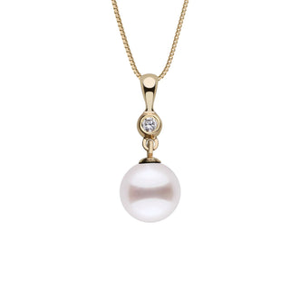 Romantic Collection White 8.5-9.0 mm AAA Akoya Pearl and Diamond Pendant featuring a lustrous white pearl with a sparkling diamond set in a gold bail on a delicate chain.