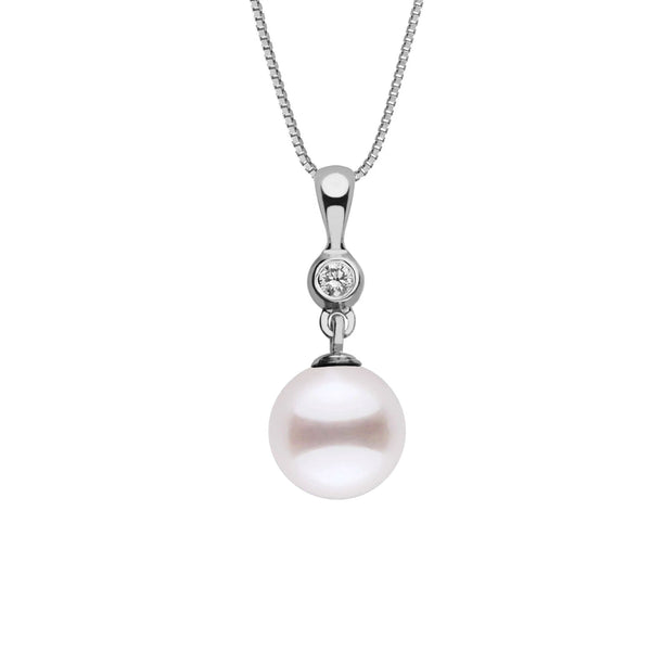 Romantic Collection White 8.5-9.0 mm AAA Akoya Pearl and Diamond Pendant featuring a lustrous white akoya pearl accented by a sparkling diamond on a delicate 14K white gold chain.