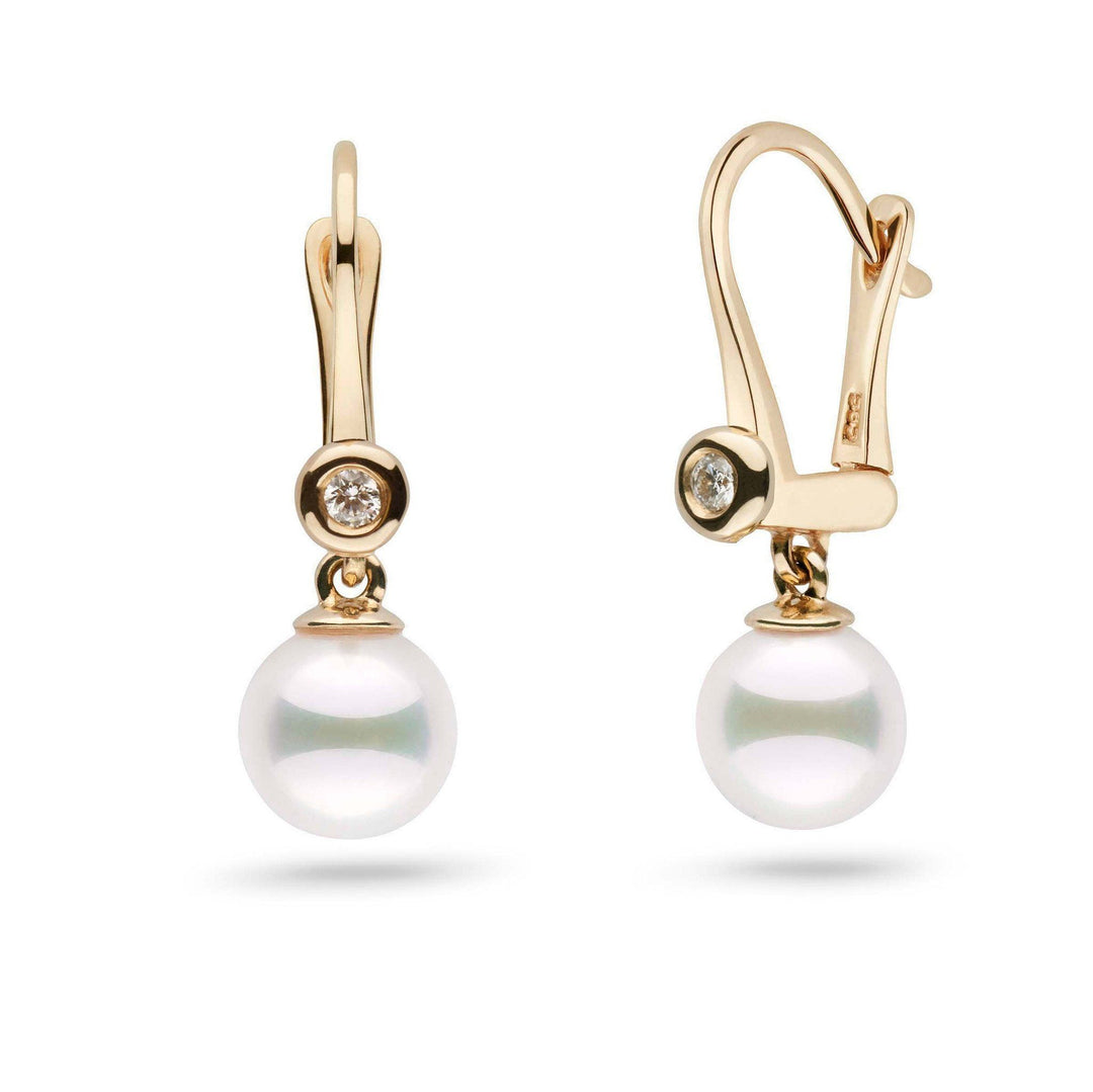 Romantic Collection AAA Akoya 7.0-7.5 mm Pearl & VS1-G Quality Diamond Dangle Earrings in yellow gold