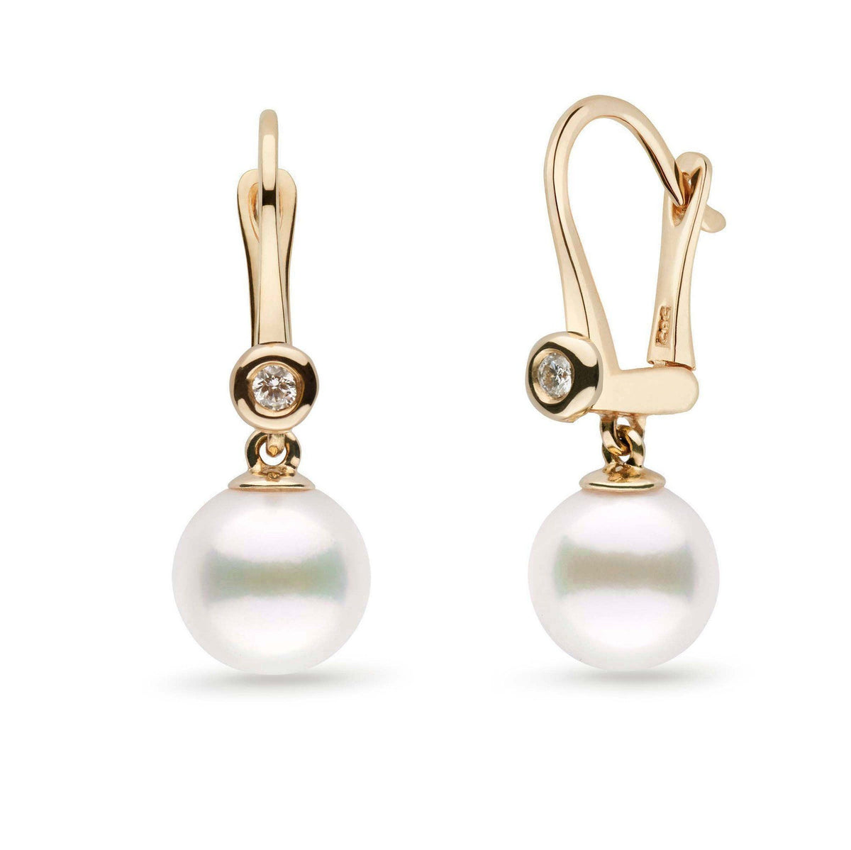 Romantic Collection White Freshadama Freshwater 8.5-9.0 mm Pearl & Diamond Dangle Earrings featuring white freshwater pearls and small diamonds set in elegant gold dangle design.