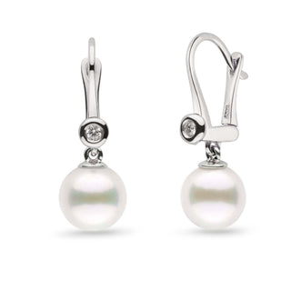 Romantic Collection White Freshadama Freshwater 8.5-9.0 mm Pearl & Diamond Dangle Earrings featuring lustrous white pearls and sparkling diamonds set in elegant 14K white gold hooks.