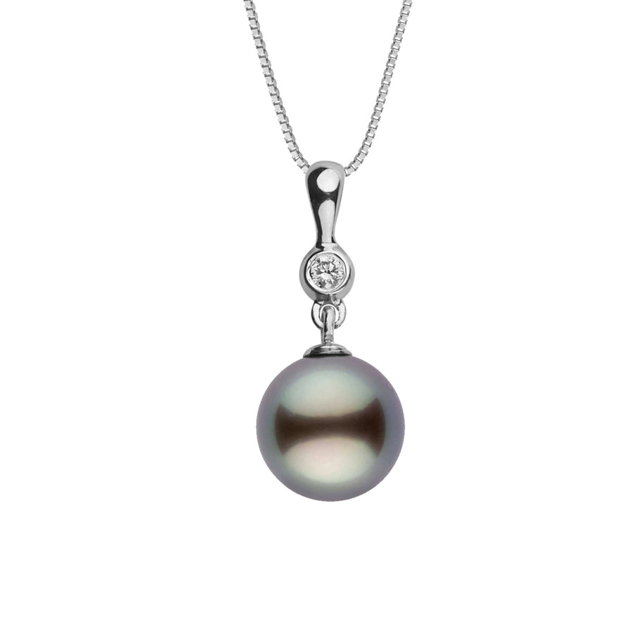 Elegant Romantic Collection 9.0-10.0 mm Tahitian Pearl and Diamond Pendant featuring a lustrous black tahitian pearl with a sparkling diamond accent on a delicate white gold setting.