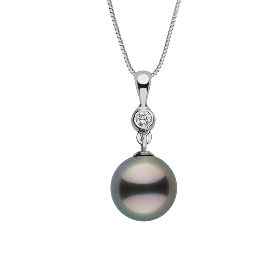 Romantic Collection 10.0-11.0 mm Tahitian Pearl & Diamond Pendant featuring a lustrous dark Tahitian pearl and a single sparkling diamond set in a sleek 14K white gold pendant on a delicate 14K white gold chain.