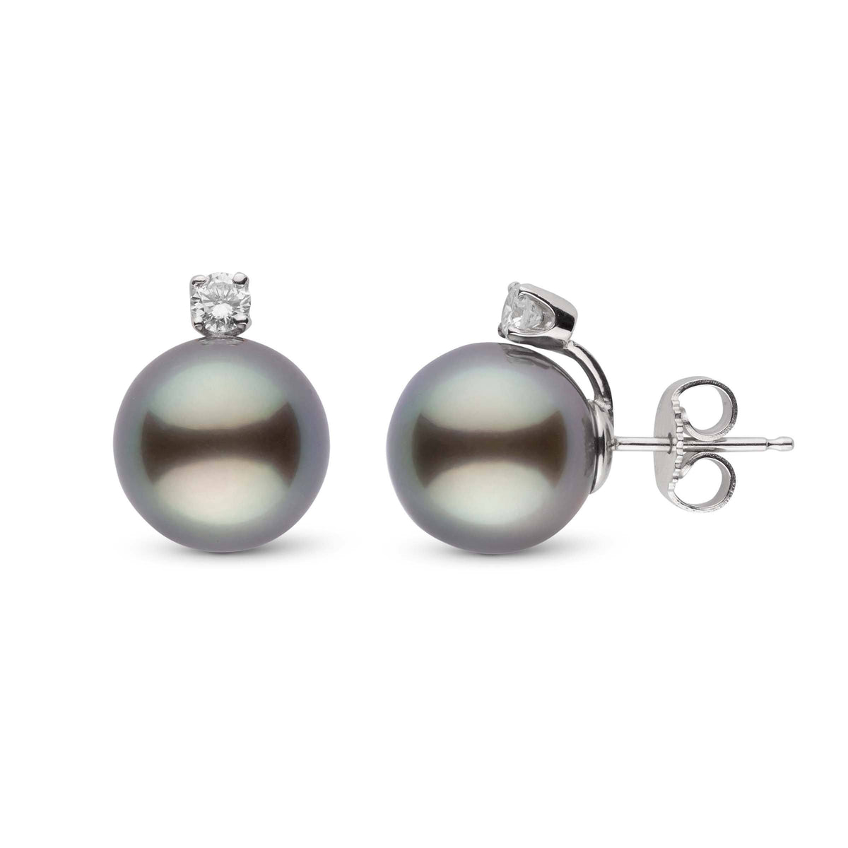 Starlight Collection 9.0-10.0 mm Tahitian Pearl & Diamond Stud Earrings featuring lustrous dark Tahitian pearls accented with sparkling diamonds set in white gold.