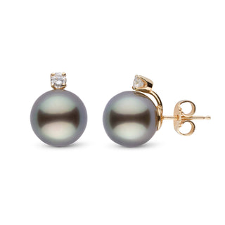 Starlight Collection 9.0-10.0 mm Tahitian Pearl & Diamond Stud Earrings featuring lustrous black Tahitian pearls set with sparkling diamonds on elegant gold posts.
