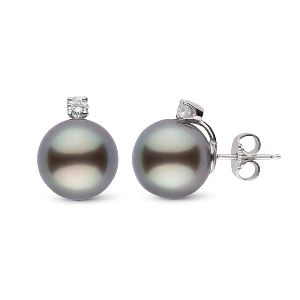 Starlight Collection 10.0-11.0 mm Tahitian Pearl & Diamond Stud Earrings featuring round Tahitian pearls accented with sparkling diamonds on elegant white metal settings.