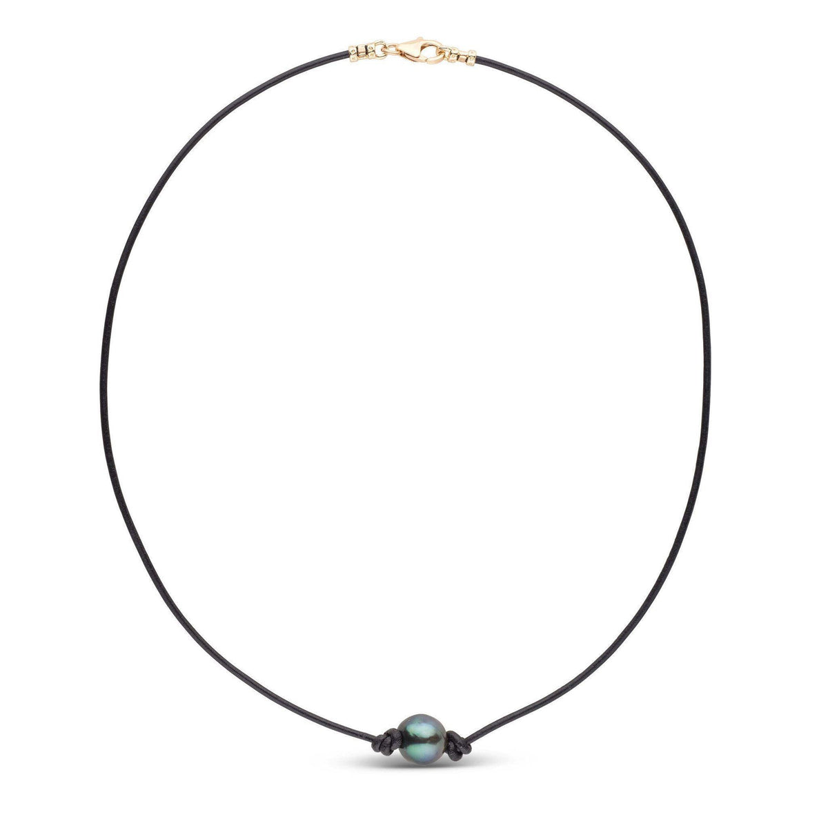 Tahitian Baroque Pearl Knotted Leather Necklace | Unisex featuring a single dark iridescent tahitian pearl on a simple black leather cord with gold clasp closure.