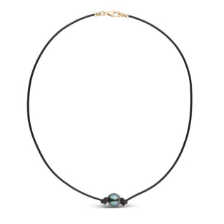Tahitian Baroque Pearl Knotted Leather Necklace | Unisex featuring a single dark iridescent tahitian pearl on a simple black leather cord with gold clasp closure.