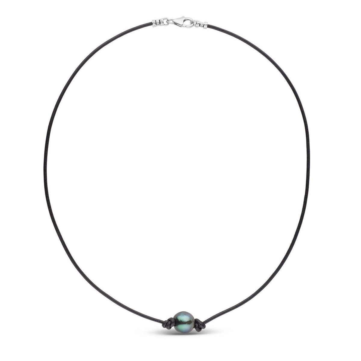Tahitian Baroque Pearl Knotted Leather Necklace | Unisex featuring a single iridescent Tahitian pearl on a thin black knotted leather cord with a 14K white gold clasp.