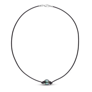 Tahitian Baroque Pearl Knotted Leather Necklace | Unisex featuring a single iridescent Tahitian pearl on a thin black knotted leather cord with a 14K white gold clasp.