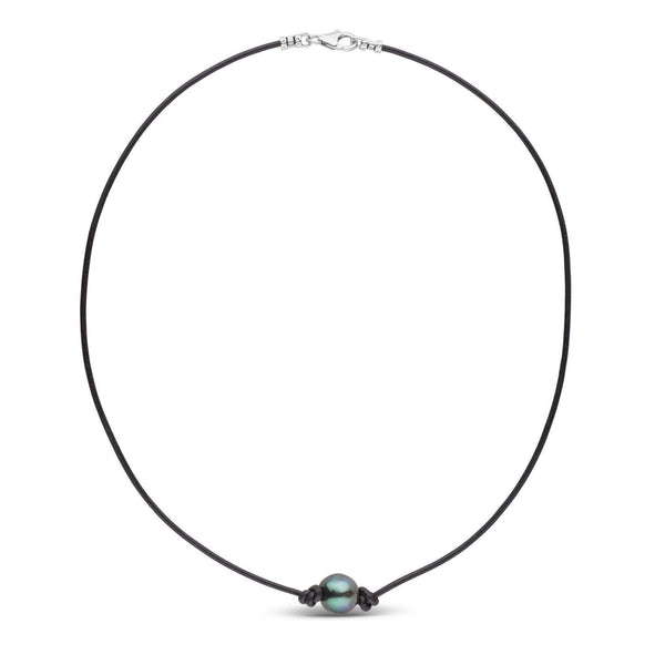 Tahitian Baroque Pearl Knotted Leather Necklace | Unisex featuring a single iridescent Tahitian pearl on a thin black knotted leather cord with a 14K white gold clasp.