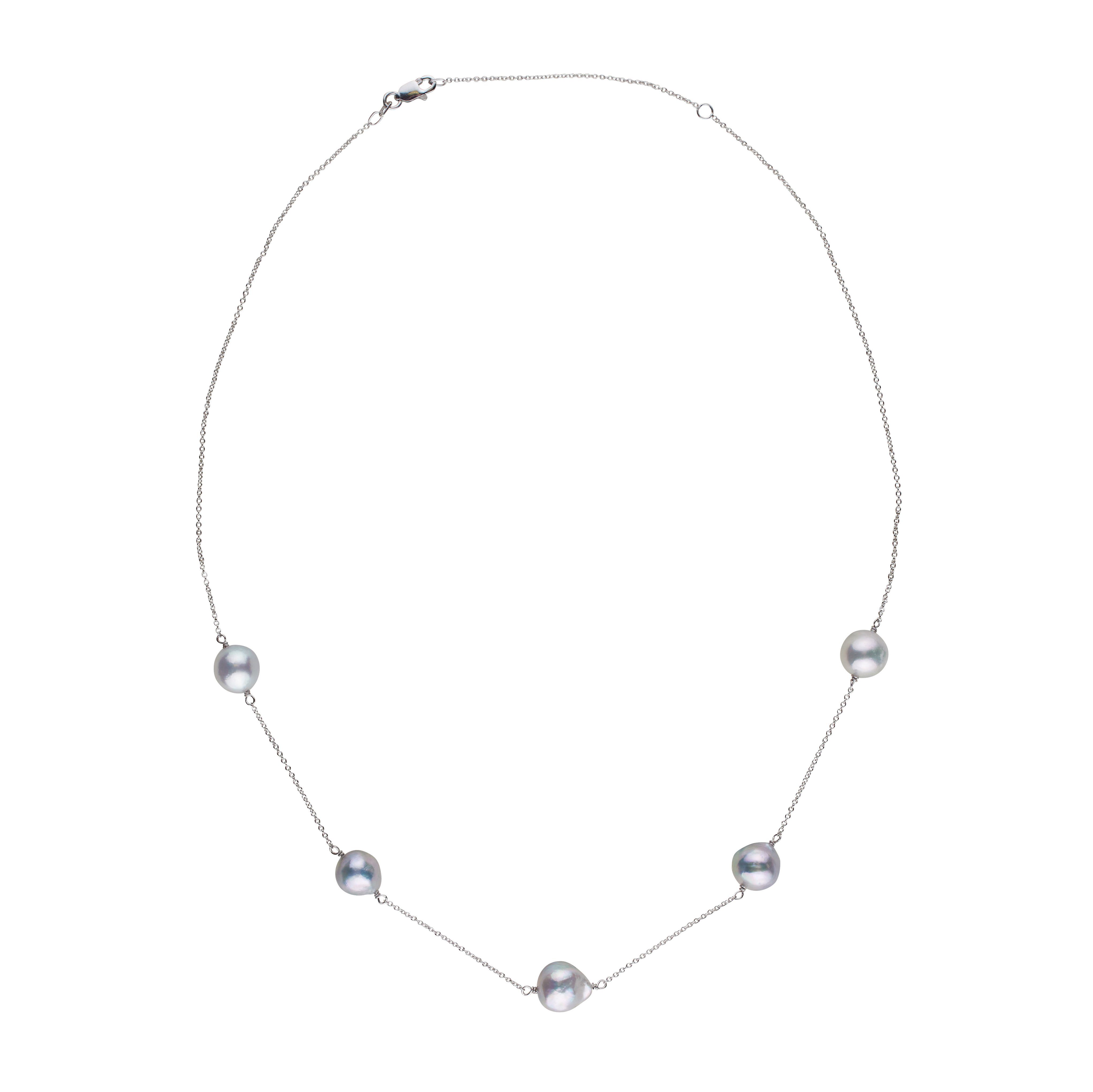 Silver Blue Akoya Pearl Station Necklace in white gold