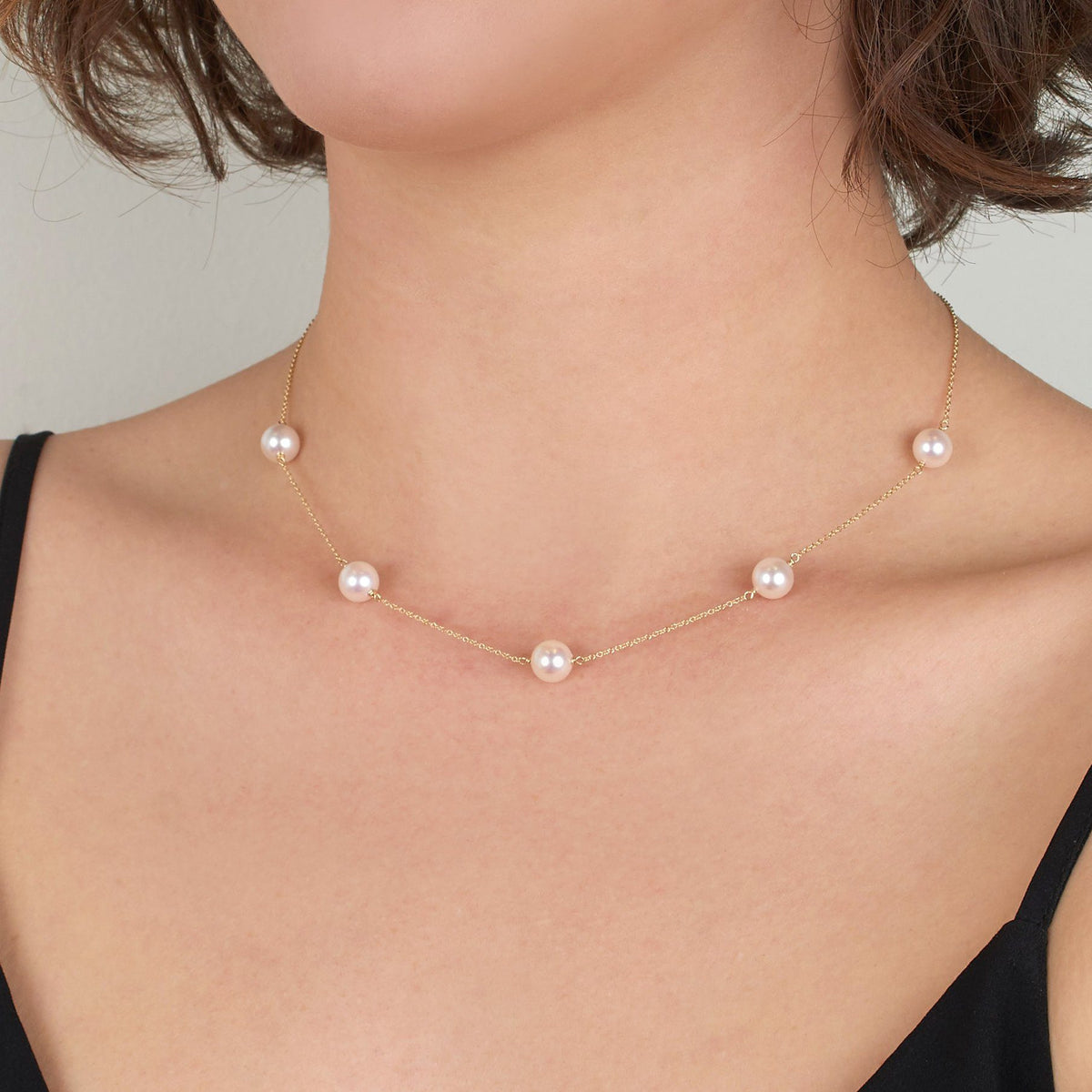 Akoya Pearl Station Necklace yellow gold on model