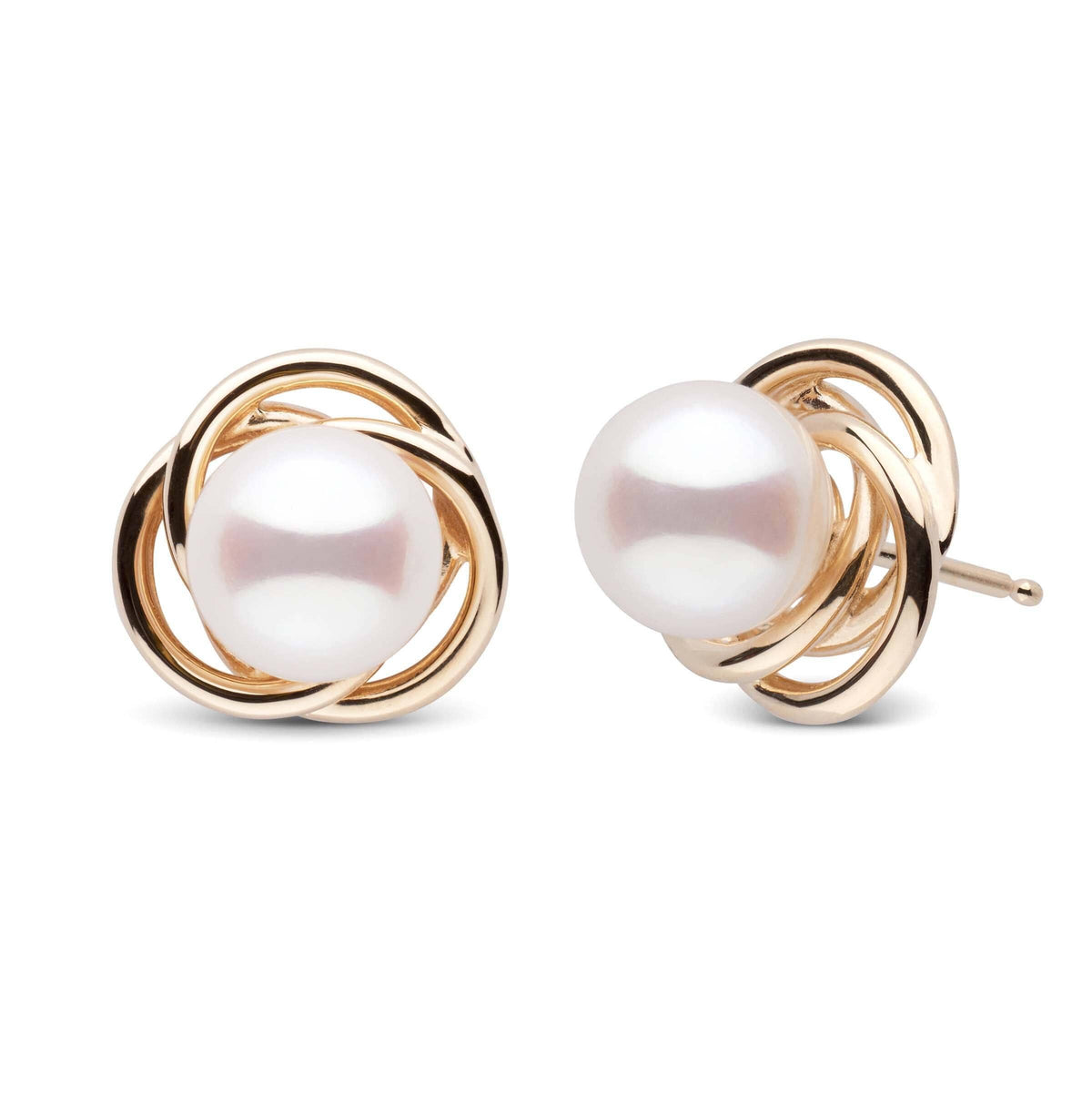 Trilogy Collection 7.0-7.5 mm White Akoya Pearl Earrings featuring lustrous white pearls set in elegant yellow gold swirl stud settings.