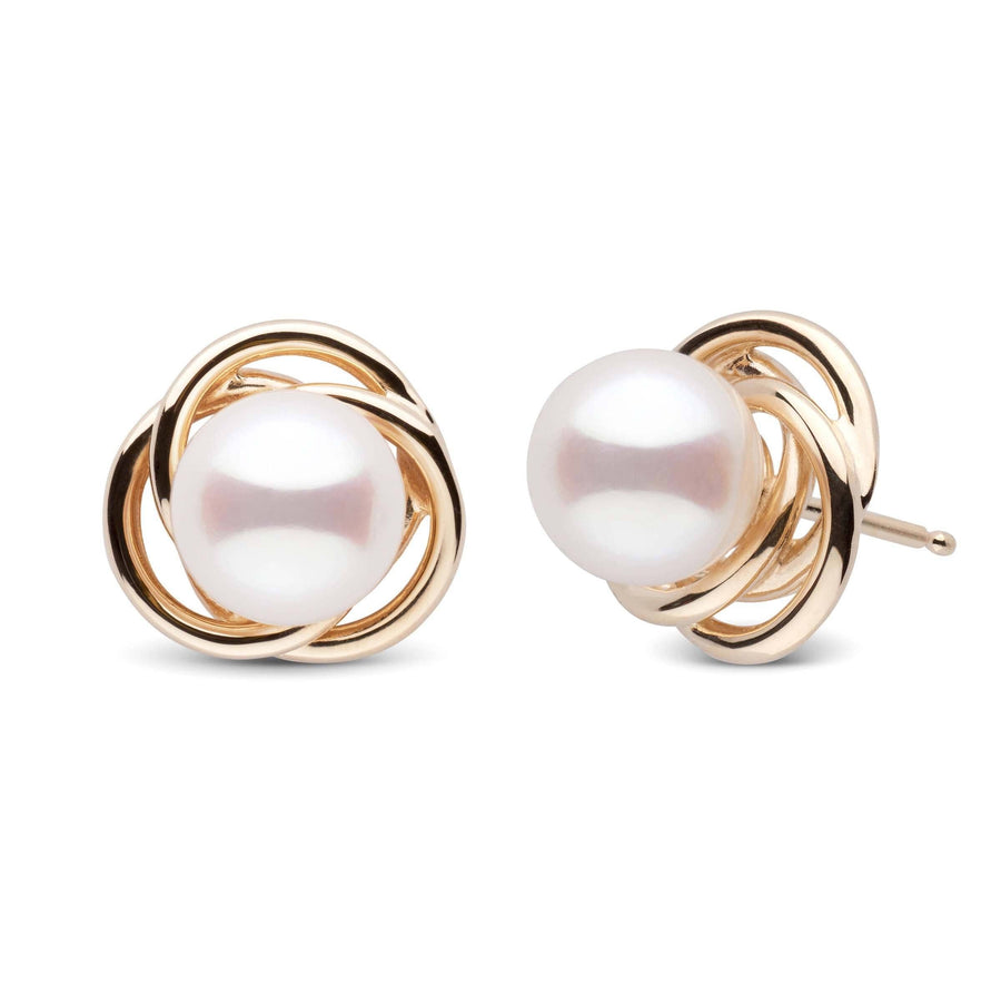 Trilogy Collection 7.0-7.5 mm White Akoya Pearl Earrings featuring lustrous white pearls set in elegant yellow gold swirl stud settings.