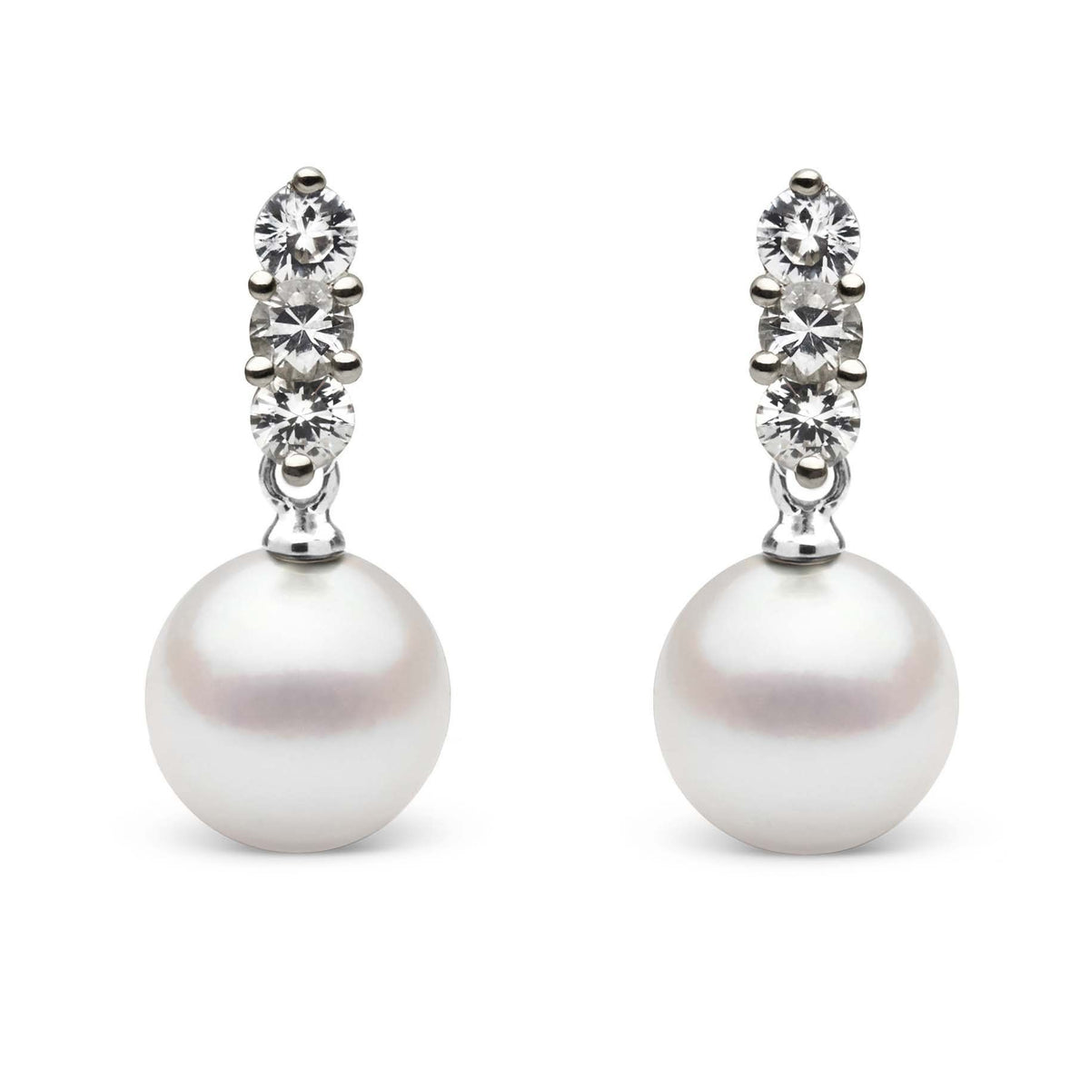 Trio Collection 8.0-8.5 mm Akoya Pearl and Diamond Earrings featuring three sparkling diamonds set above a smooth, round white akoya pearl for elegant, timeless style.